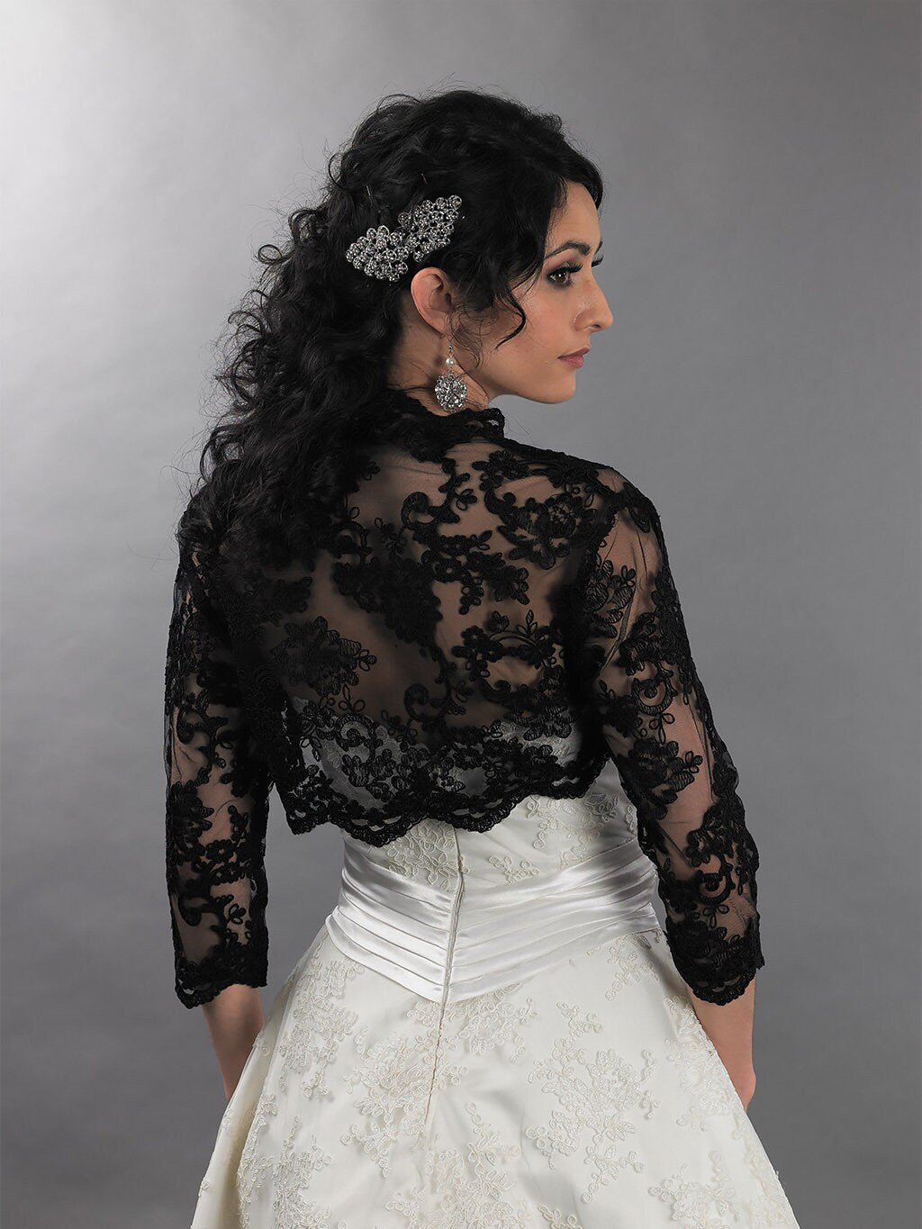 Black wedding bolero lace bolero bridal bolero jacket black bolero 3/4 sleeve lace bolero wedding dress topper alencon lace