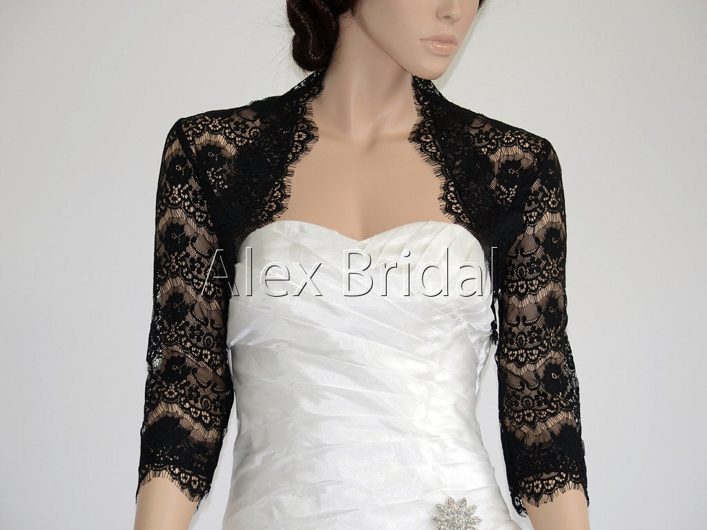 3/4 sleeve black lace bolero wedding jacket