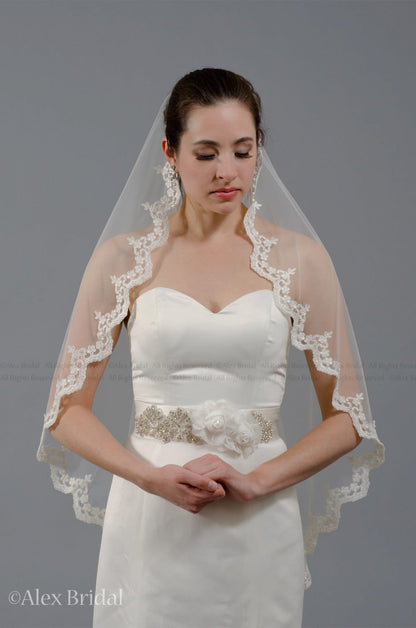 mantilla veil, bridal veil, wedding veil, ivory veil, lace veil, alencon lace, wedding veil ivory, wedding veil lace, elbow veil V040