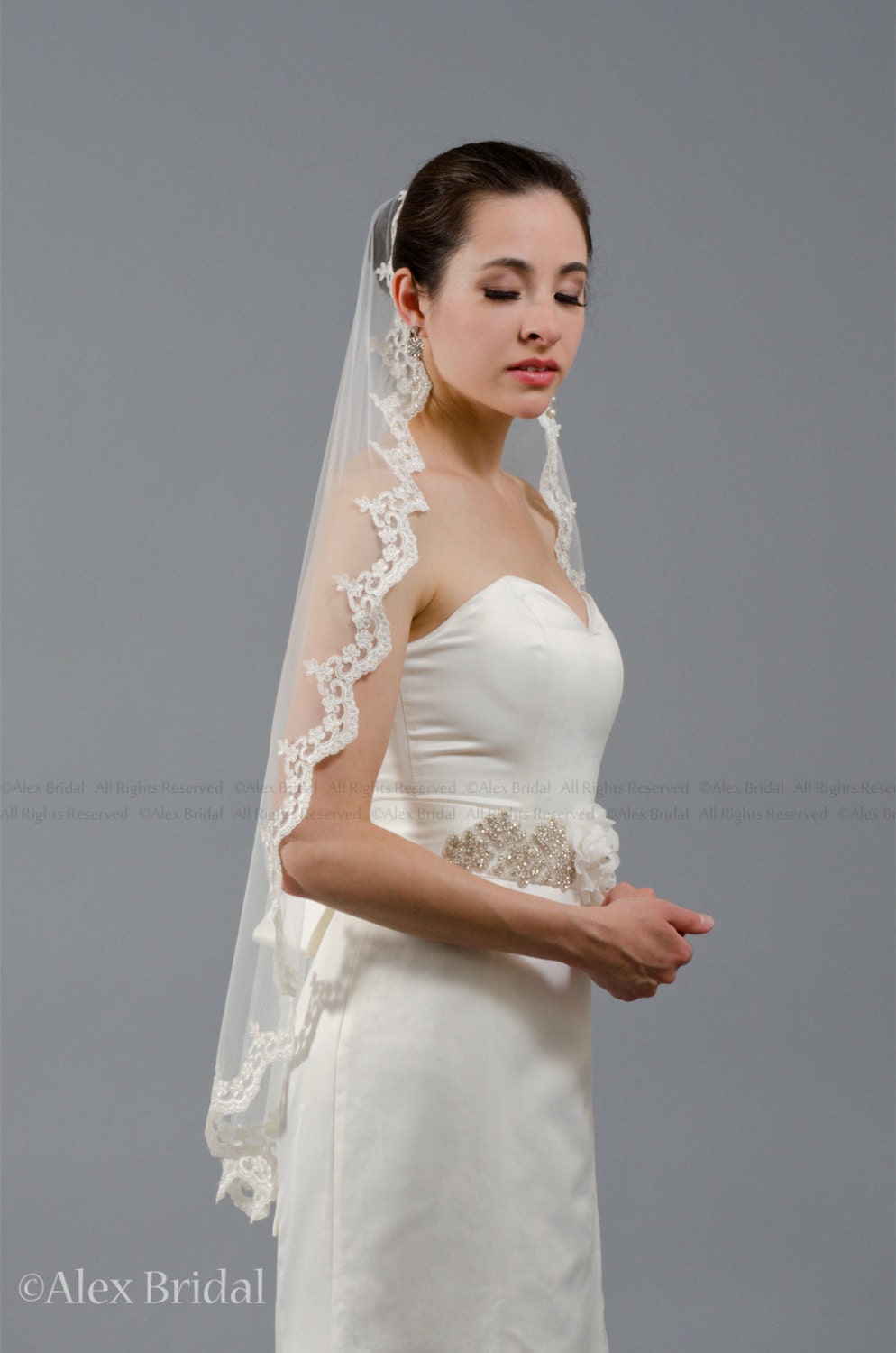wedding veil, bridal veil, mantilla veil, fingertip length veil, alencon lace veil, wedding veil ivory, wedding veil white