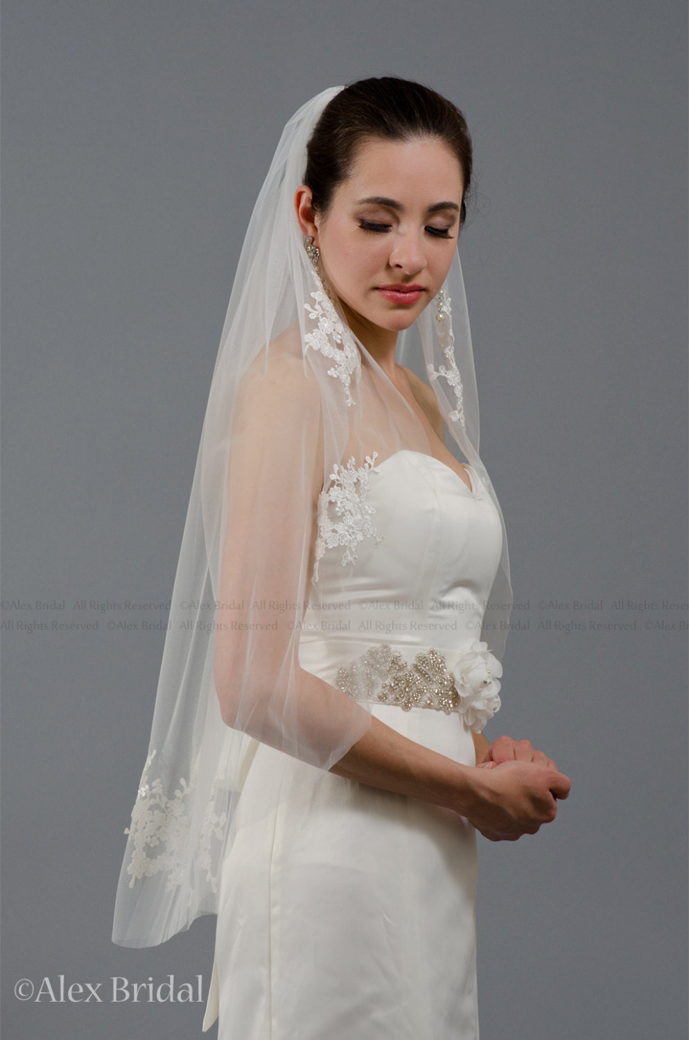mantilla veil, bridal veil, wedding veil, ivory veil, lace veil, alencon lace, wedding veil ivory, wedding veil lace, elbow veil V046