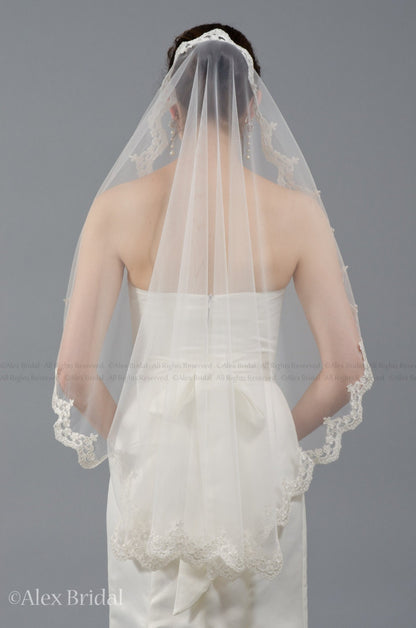 wedding veil, bridal veil, mantilla veil, fingertip length veil, alencon lace veil, wedding veil ivory, wedding veil white
