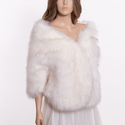 20" wide faux fur shawl light ivory with black tips faux fur wrap faux fur shrug wedding faux fur shawl bridal faux fur stole