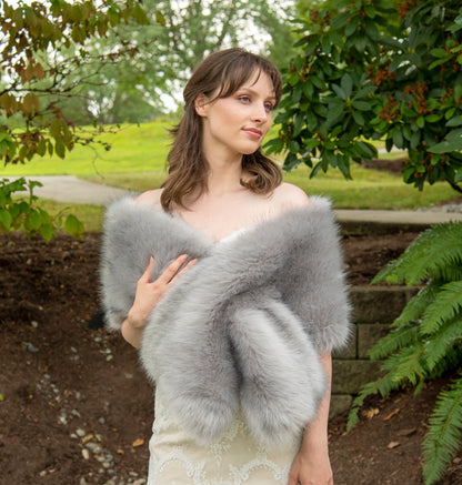 Gray faux fur wrap with black tips silver faux fur bridal wrap faux fur shawl faux fur stole bridal wrap wedding shrug B005-Gray