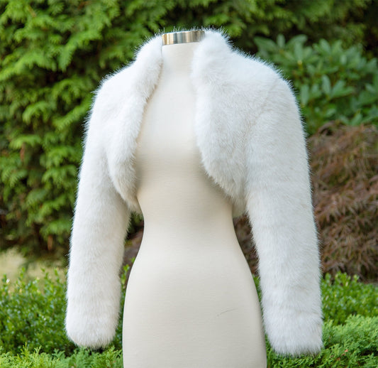 Light ivory long sleeve faux fur bolero faux fur jacket faux fur coat faux fur shrug FJ002-light-ivory