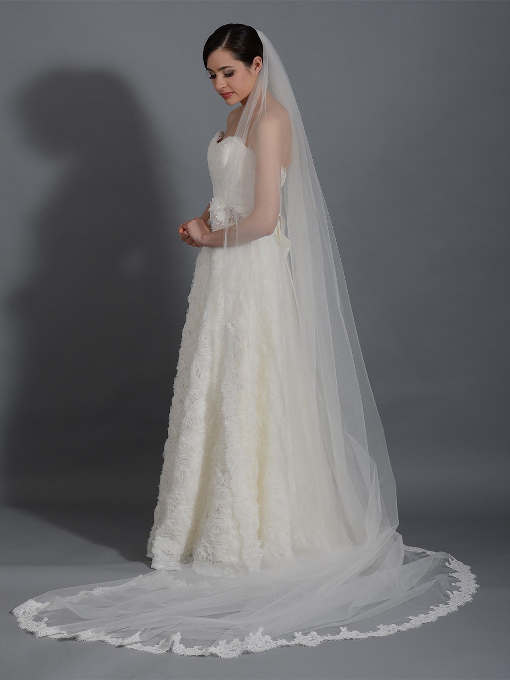 Bridal veil, wedding veil, ivory veil, lace veil, alencon lace, wedding veil ivory, wedding veil lace, cathedral veil V043c